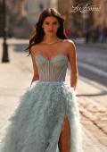 Picture of: Soft Ruffle Tulle Gown with an Illusion Corset Style Top in Dusty Blue, Style 32528, Detail Picture 3