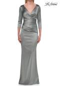Picture of: V-Neck Satin Gown with Ruched Bodice and Three-Quarter Sleeves in Dusty Sage, Style: 33152, Detail Picture 8