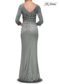 Picture of: V-Neck Satin Gown with Ruched Bodice and Three-Quarter Sleeves in Dusty Sage, Style: 33152, Detail Picture 9