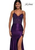 Picture of: Ruched Satin Evening Dress with Sheer Lace Top and Scallop Neckline in Eggplant , Style: 32689, Detail Picture 15