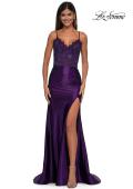 Picture of: Ruched Satin Evening Dress with Sheer Lace Top and Scallop Neckline in Eggplant , Style: 32689, Detail Picture 5