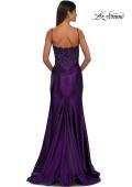 Picture of: Ruched Satin Evening Dress with Sheer Lace Top and Scallop Neckline in Eggplant , Style: 32689, Detail Picture 6