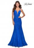 Picture of: Long Mermaid Lace Dress with Back Rhinestone Detail in Electric Blue, Style: 28355, Detail Picture 9