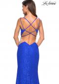Picture of: Stretch Lace Long Prom Dress with Illusion Sides in Electric Blue, Style: 27029, Back Picture