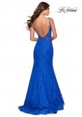 Picture of: Long Mermaid Lace Dress with Back Rhinestone Detail in Electric Blue, Style: 28355, Back Picture