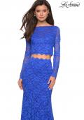 Picture of: Stretch Lace Long Sleeve Two Piece Prom Dress in Electric Blue, Style: 27601, Detail Picture 5