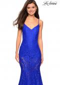 Picture of: Long Form Fitting Lace Prom Dress with Attached Shorts in Electric Blue, Style: 27584, Detail Picture 7