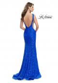 Picture of: Lace Mermaid Dress with Sheer Sides and Low Back in Electric Blue, Style: 24903, Back Picture
