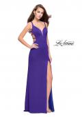 Picture of: Satin Prom Dress with Metallic Beaded Straps and Slit in Electric Purple, Style: 26012, Back Picture