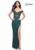 Picture of: Off the Shoulder Rhinestone Fishnet Gown with Lace Details in Emerald, Style: 32116, Detail Picture 10