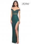 Picture of: Off the Shoulder Rhinestone Fishnet Gown with Lace Details in Emerald, Style: 32116, Detail Picture 12