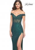 Picture of: Off the Shoulder Rhinestone Fishnet Gown with Lace Details in Emerald, Style: 32116, Detail Picture 4