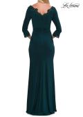 Picture of: V-Neck Lace Trim Gown with Three-Quarter Sleeves in Emerald, Style: 33658, Back Picture