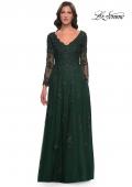 Picture of: Long Sleeve Lace and Tulle Dress with V Neckline in Emerald, Style: 30795, Detail Picture 1