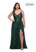 Picture of: Ruffle Slit Satin Long Plus Size Dress with V Neck in Emerald, Style: 29740, Main Picture