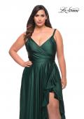 Picture of: Ruffle Slit Satin Long Plus Size Dress with V Neck in Emerald, Style: 29740, Detail Picture 9