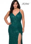 Picture of: Fringe Sequin Plus Size Prom Gown with Criss Cross Back in Emerald, Style: 29013, Detail Picture 3