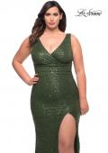 Picture of: Stretch Sequin Plus Size Gown with Slit and V Neck in Emerald, Style: 30307, Detail Picture 6