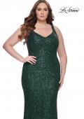 Picture of: Fitted Stretch Sequin Plus Size Dress with V Neck in Emerald, Style: 31163, Detail Picture 6