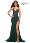 Picture of: Lace Dress with High Side Slit and V Neckline in Emerald, Main Picture