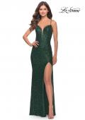 Picture of: Stretch Sequin Gown with Deep V Neck and Tie Back in Emerald, Style: 31072, Main Picture