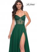 Picture of: Chiffon Gown with Illusion Bustier Top and Lace Up Back in Green, Style: 32296, Main Picture