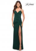 Picture of: Net Jersey Long Ruched Gown with Slit and Open Back in Emerald, Style: 30393, Detail Picture 8