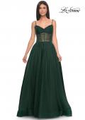 Picture of: A-Line Rhinestone Tulle Embellished Gown with Illusion Top in Emerald, Style: 31970, Detail Picture 8