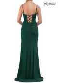 Picture of: Ruched Jersey Gown with Lace-Up Back and High Slit in Emerald, Style: 33298, Detail Picture 8