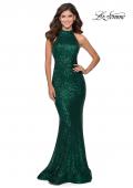 Picture of: Long Sequin Gown with High Neckline and Lace Back in Emerald, Style: 28612, Detail Picture 9