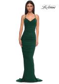 Picture of: Fitted Ruched Net Jersey Dress with Low Back in Emerald , Style 32834, Detail Picture 9