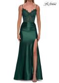 Picture of: Lace and Satin Fitted Gown with High Slit and Spaghetti Straps in Emerald, Style: 33325, Detail Picture 9