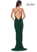 Picture of: Fitted Ruched Net Jersey Dress with Low Back in Emerald , Style 32834, Detail Picture 10