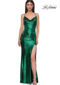 Picture of: Simple Metallic Jersey Dress with Draped Neckline and Low Back in Emerald , Style 32782, Detail Picture 11