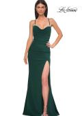Picture of: Ruched Long Jersey Dress with Draped Rhinestone Neckline in Emerald , Style 32802, Detail Picture 11