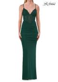 Picture of: Rhinestone Lace Jersey Gown with Ruched Back and Crisscross Straps in Emerald, Style: 33504, Detail Picture 11