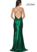 Picture of: Simple Metallic Jersey Dress with Draped Neckline and Low Back in Emerald , Style 32782, Detail Picture 12