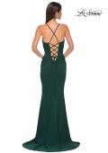 Picture of: Ruched Long Jersey Dress with Draped Rhinestone Neckline in Emerald , Style 32802, Detail Picture 12