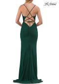 Picture of: Rhinestone Lace Jersey Gown with Ruched Back and Crisscross Straps in Emerald, Style: 33504, Detail Picture 12