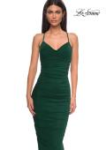 Picture of: Fitted Ruched Net Jersey Dress with Low Back in Emerald , Style 32834, Detail Picture 17