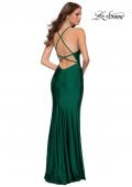 Picture of: Fitted Long Jersey Gown with Criss Cross Bodice in Emerald, Style 29848, Back Picture