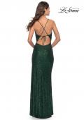 Picture of: Stretch Sequin Gown with Deep V Neck and Tie Back in Emerald, Style: 31072, Back Picture