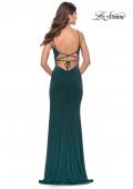 Picture of: Elegant Jersey Dress with Ruching and Square Neckline in Emerald, Style: 31078, Back Picture