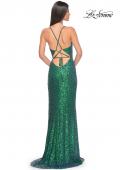 Picture of: Irridescent Sequin Long Prom Gown with Lace Up Back in Emerald, Style: 32339, Back Picture