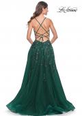 Picture of: Fabulous A-Line Gown Embellished with Sequin Beaded Applique in Jewel Tones in Emerald, Style: 32346, Back Picture