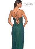 Picture of: Fishnet Rhinestone Fitted Dress with Bustier Top and High Neckline in Emerald, Style: 32446, Back Picture