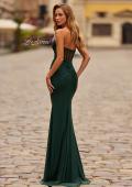 Picture of: Ruched Jersey Evening Gown with Draped Neckline and Sheer Corset Back in Emerald, Style: 33415, Back Picture