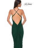 Picture of: Fitted Ruched Net Jersey Dress with Low Back in Emerald , Style 32834, Detail Picture 18