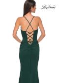 Picture of: Ruched Long Jersey Dress with Draped Rhinestone Neckline in Emerald , Style 32802, Detail Picture 20