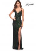 Picture of: Long Sequin Gown with Wrap Style Top and Slit in Emerald, Style: 30305, Detail Picture 1